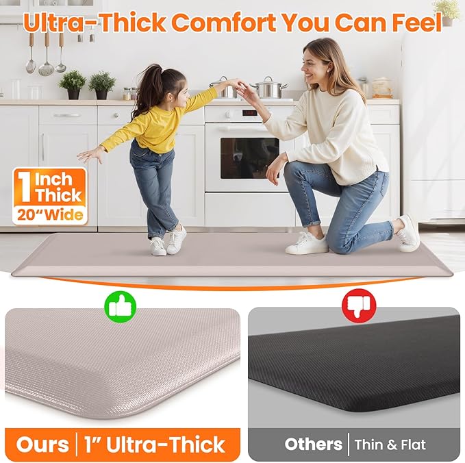 Kitchen Mats for Floor, 1 Inch Extra-Thick Kitchen Rugs, Waterproof & Non-Slip Anti Fatigue Mats, Comfort Standing Desk Mat for Kitchen Floor, Sink, Home, Office (20" X 72", Khaki)