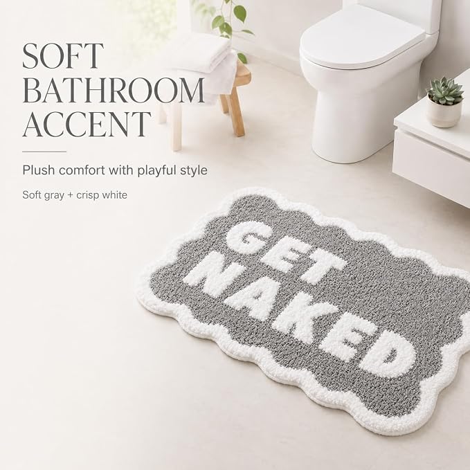 Scalloped Grey Bath Rug, Get Naked Cute Bathroom Rug, Soft Absorbent Quick Dry Bath Mat, TPR Non Slip Backing, Microfiber Mat for Shower Tub Sink Vanity 20" x 31.5"