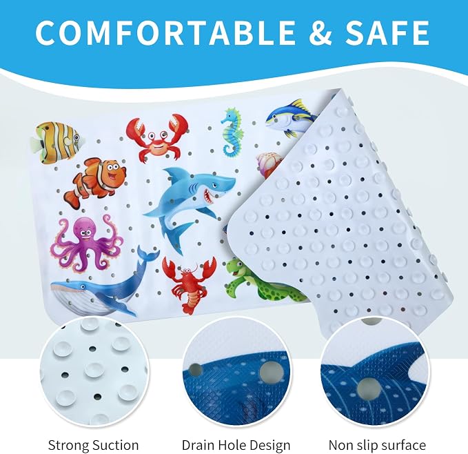 Baby Bath Mat for Tub Non Slip Kids Bathtub Mat Extra Long 40X16 Inch Toddler Bath Tub Shower Mat Anti Slip with Suction Cups & Drain Holes, Machine Washable (Ocean Animals)