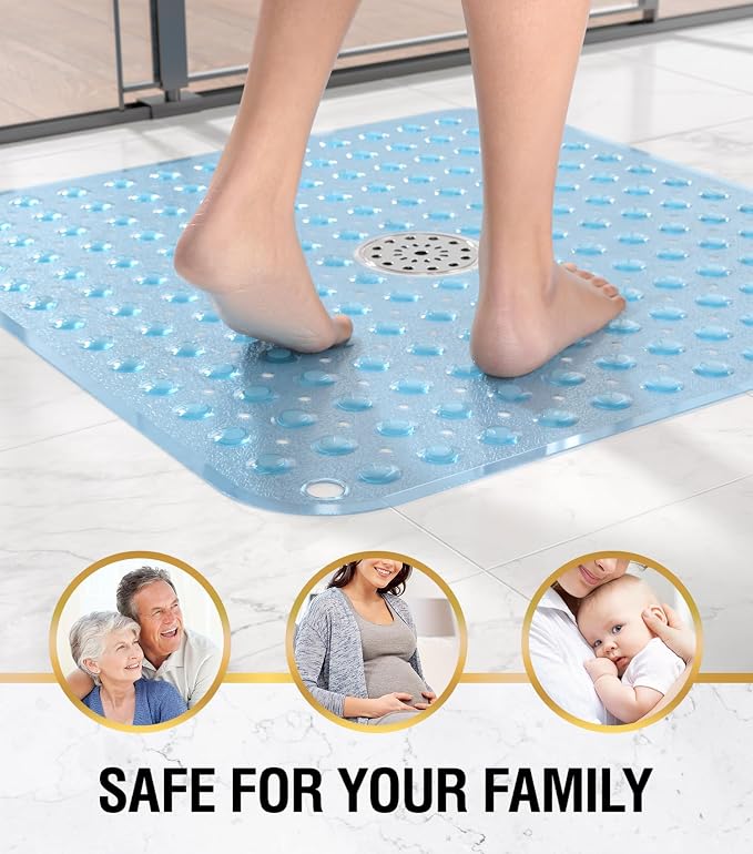HITSLAM Shower Bathtub Mat Non Slip, 24"x 24" Bath Mat for Tub, Soft PVC Shower Mats for Inside Shower with Suction Cups and Center Drain Hole, Machine Washable Bathroom Floor Mat, Blue