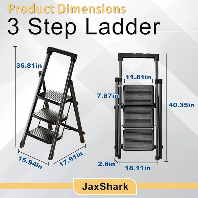 3 Step Ladder with Handrail Folding Step Stool with Tool Tray 500LBS Capacity Sturdy Carbon Steel Frame Anti-Slip Stripe Pedal for Home Kitchen Garage (black-3step)