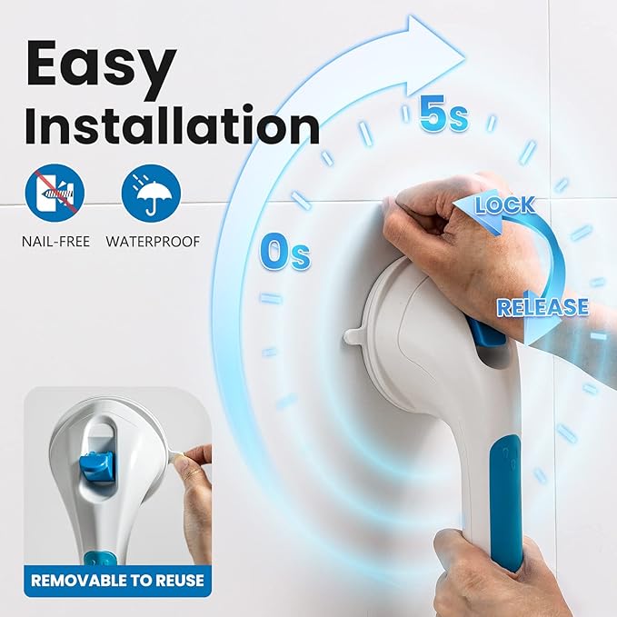 LEVERLOC 2 Pack Shower Grab Bars for Bathtubs and Showers, Easy to Install Suction Shower Handles for Bathroom Removable Handrails for Seniors Elderly Heavy Duty Safety Grip Waterproof Drill Free Blue