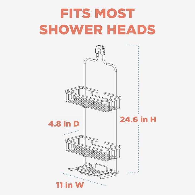 Zenna Home Rustproof Hanging Shower Caddy, Over the Shower Head Caddy with 2 Shelves and Built In Hooks, Aluminum Bathroom Hanging Organizer, Satin Chrome