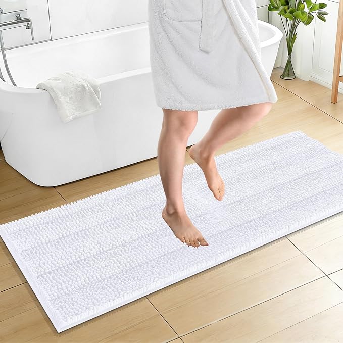 OLANLY Thick Bathroom Runner Rugs 59x20, Absorbent Chenille Striped Bath Rugs, Rubber Backing, Machine Wash Dry, Extra Long Bath Mats for Bathroom Floor, Tub and Shower, Home Decor Accessories, White
