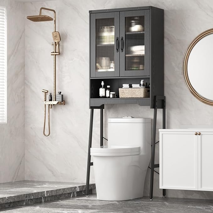 Over The Toilet Storage Cabinet with Tempered Glass Doors & Adjustable Shelf, Bathroom Organizer with Metal Stand Space Saver Over Toilet , Tall Freestanding Shelf/Rack for Bathroom, Black
