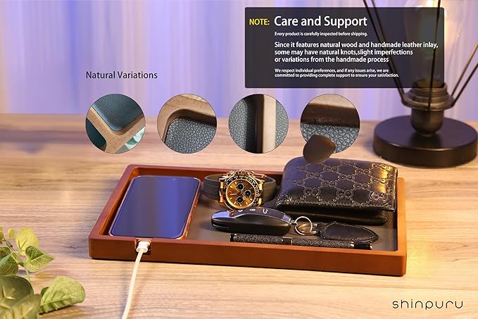 Shinpuru Wooden Valet Tray for Men, Nightstand Organizer with Leather Inlay, EDC Essentials Catchall Tray for Keys, Phone, Wallet, Watch, Earbuds - Bedside Desk Entryway Tray (Wood-Full)