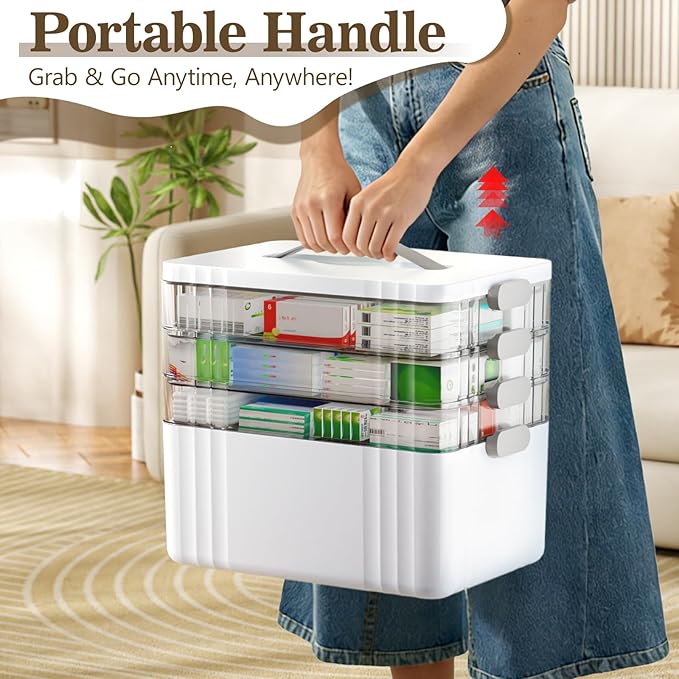 ARSTPEOE 4-Tier Medicine Organizer - Portable Medicine Cabinet with Plastic Handle, Multipurpose Medical Box, Empty First Aid Kit for Home