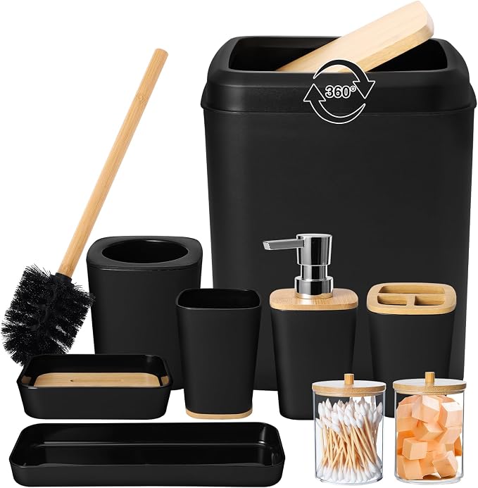 XLHOMO Bathroom Set Black Bathroom Trash Can, 9 Piece Bathroom Decor Toothbrush Holder, Cup, Lotion Dispenser, Tray, Soap Dish, Toilet Brush, Qtip Holder