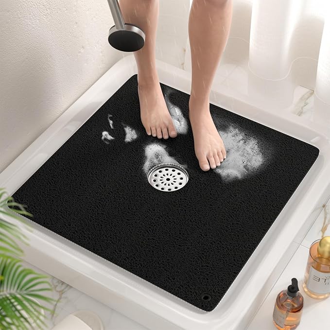 HITSLAM Non Slip Shower Mat for Textured Tub Floor, 21x21 Inch Square Loofah Bath Mat for Inside Shower Stall, Quick Drying, No Suction Cups, Black