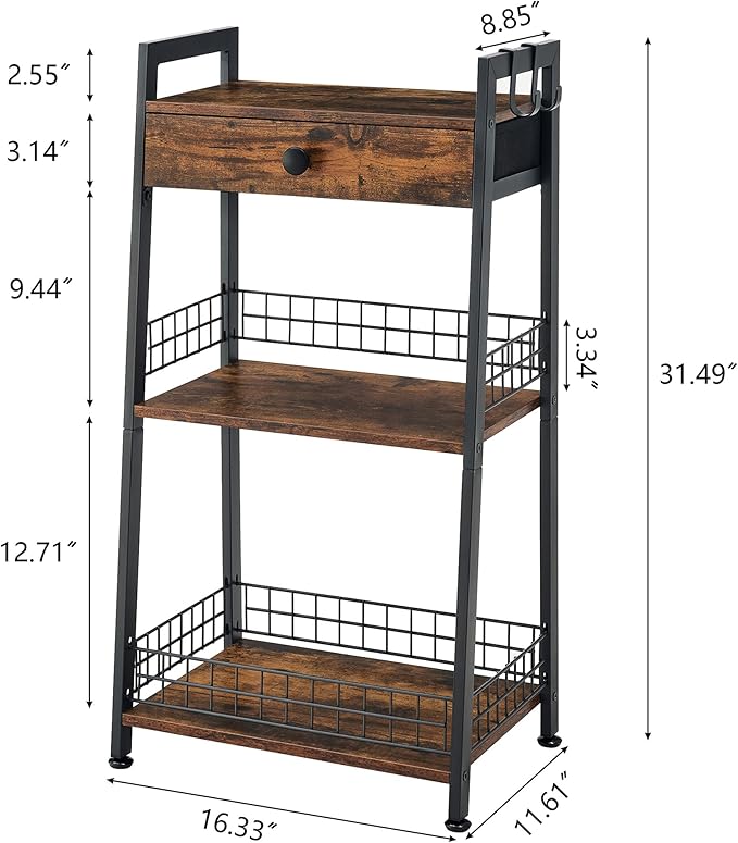 Gewudraw 3-Tier Ladder Shelf with Drawer, Bathroom Table Stand for Small Space, Bathroom Standing Shelves with Storage for Living Room Bedroom Kitchen, Organizer Shelf, Rustic Brown