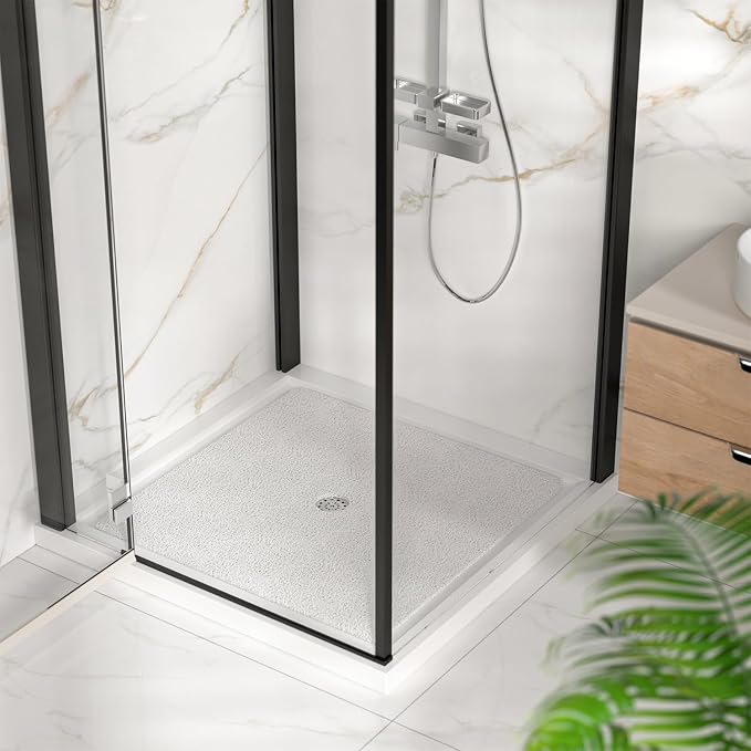 HITSLAM Square Shower Mat, 36 x 36 Inch Non Slip Bath Mat for Tub, Soft PVC Loofah Bathtub Mats with Drain Holes, Quick Drying Bathroom Stall Floor Mat, Bathroom Accessories Without Suction Cup, White
