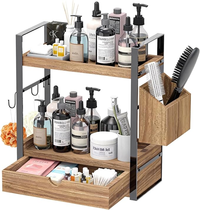 2-Tired Bathroom Counter Organizers and Storage, Bathroom Countertop Organizer with Drawer, Solid Wood Skincare Perfume Organizer for Vanity Kitchen Corner Shelf Office Countertop (Drak Brown)