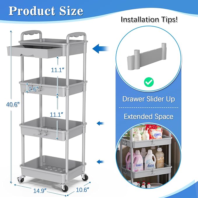 SUNALLY 4 Tier Rolling Utility Cart with Drawer, Storage Organizer Cart with 2 Lockable Wheels, Multifunctional Rolling Storage Cart for Bathroom, Kitchen, Craft, Makeup, Baby Essentials, Gray
