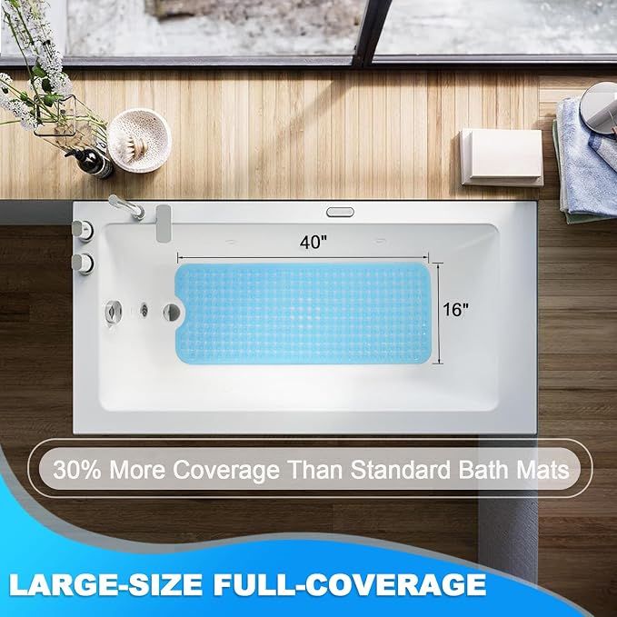 Bathtub and Shower Mats, 40x16 Inch Extra Large Non Slip Soft Bath Tub Mat with Suction Cups and Drain Holes for Bathroom Floor, Machine Washable, Clear Blue