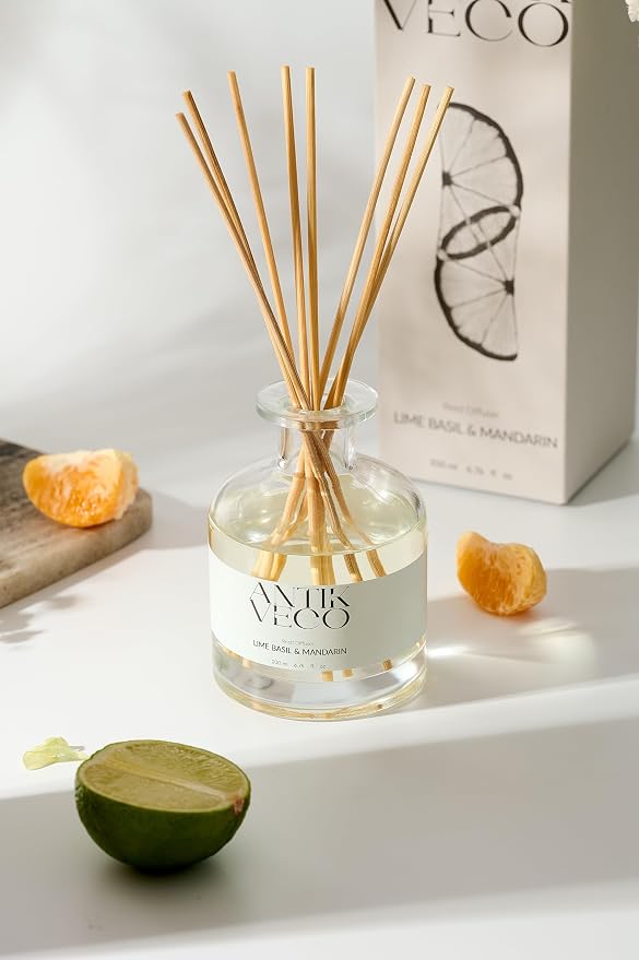 Lime Basil & Mandarin Reed Diffuser – Citrus & Herbal Diffuser for Home 6.7 fl oz – 8 Rattan Sticks – Premium Aromatherapy Oil – Elegant Glass Bottle – 90 Days Long Lasting Diffuser Set