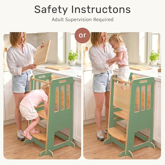 WINGYZ Toddler Tower - Anti-Tip Natural Wood Learning Stool Helper for Kids 18M-6Y, 150lb Capacity Kitchen Stool with 3-Height Adjustable Platform and Sliding Door Access, 20lb Portable Design, Green