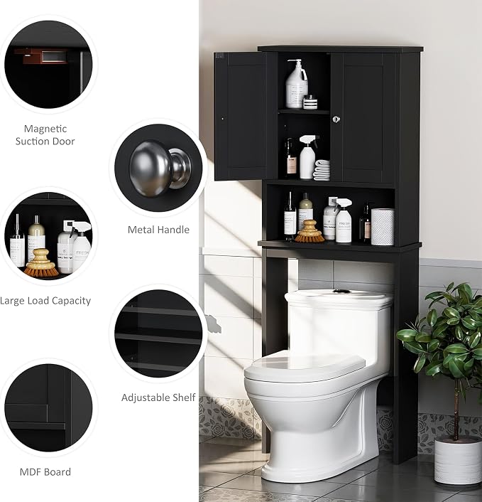 Over the Toilet Storage Cabinet for Bathroom, Black Bathroom Over Toilet Cabinet Freestanding Storage Organizer, Space Saver with Doors and Adjustable Shelf, Black