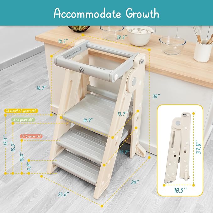 Forbena Foldable Toddler Tower Kitchen Learning Stool Helper, Montessori Kids Standing Tower for Counter, Collapsible Adjustable Baby Child Step Stool with Safety Net for Bathroom Sink (Grey)