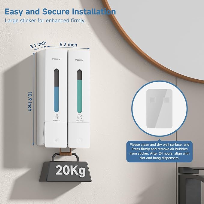 Shampoo Dispenser for Shower - Shower Soap Dispenser Wall Mounted No Drill - Shampoo Body Wash Dispenser 2 Chamber - Easy Install for Bathroom Hotel White 800ml