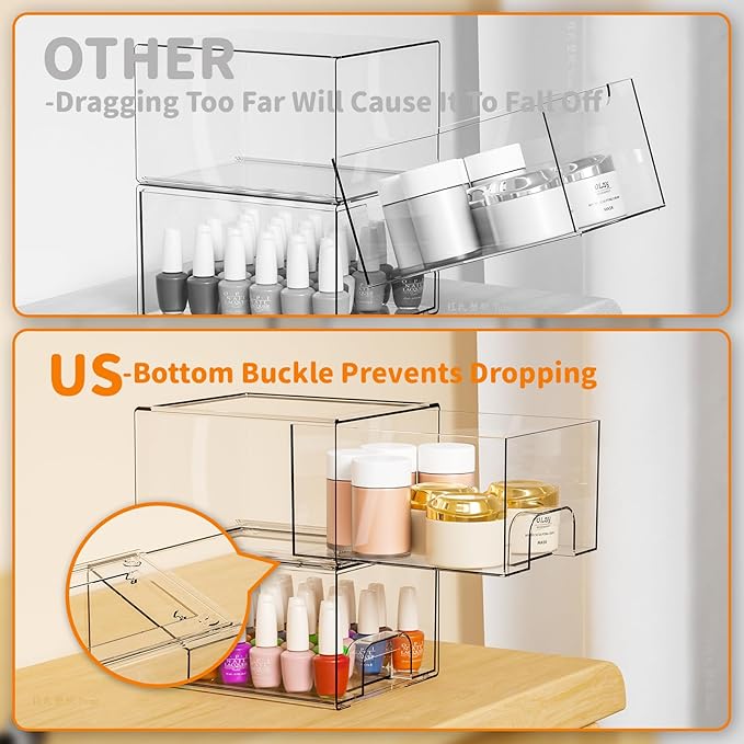 Yieach 2 Pack Clear Stackable Storage Drawers,4.4'' Tall Acrylic Drawer Containers for Organizing,Bathroom Organizers and Storage Bin Box,Plastic Makeup,Medicine Organizer Bins for Cabinet,Undersink