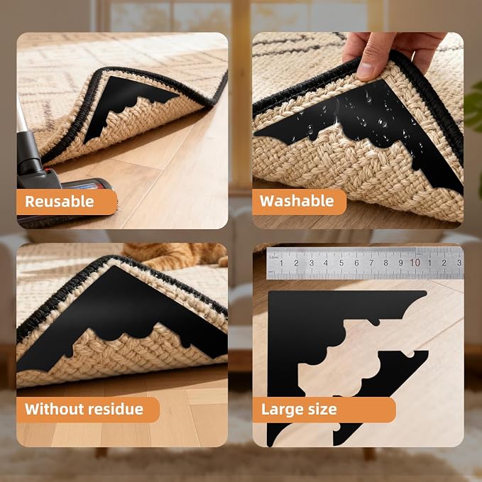 Rug Pad Gripper, 8 Pcs Reusable Non-Slip Rug Pads, for Hardwood Floors and Tiles No Damage, Keep Corners Flat, Double-Sided Adhesive Area Rugs