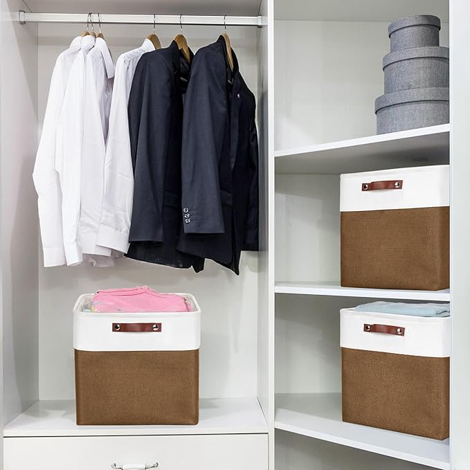 Bagnizer 13x13 Cube Storage Bins, Collapsible Fabric Storage Box, 4 Pack Closet Baskets with Handles for Organizing, Shelf, Toys, Clothes, Home, Office, Nursery (Brown&White)