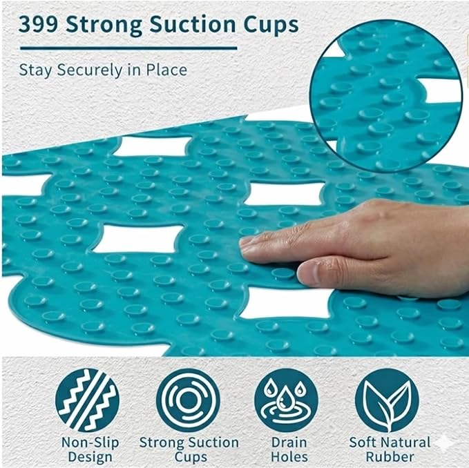 Webos Bathtub Mat Non Slip: Extra Long Rubber Bath Mat for Tub with Strong Suction Cups 15.4" x 37.8" Anti Slip Shower Mat, Big Drain Holes Bathroom Mats for Tub & Shower, Circle-Blue