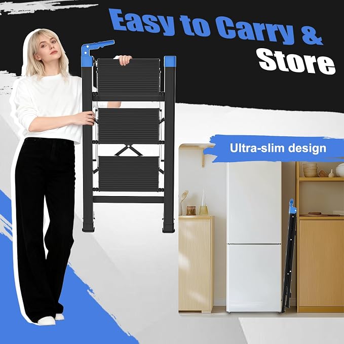 3 Step Ladder,Step Stool Foldable with Single-Handrail,Step Ladder with Anti-Slip Pedals for Home Kitchen Closet,Aluminum Sturdy Material,600lbs Max Load Capacity (Blue)
