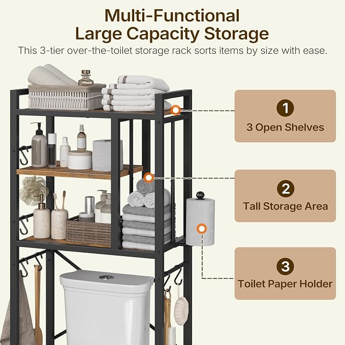 YATINEY Over The Toilet Storage Cabinet, 3-Tier Over The Toilet Storage Rack, Bathroom Organizer with Paper Holder 8 Hooks, Over The Toilet Shelf for Bathroom, Laundry, Rustic Brown and Black TR06BR
