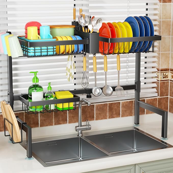 SNSLXH 2-Tier Over The Sink Dish Drying Rack, Kitchen Large Dish Drying Rack Over The Sink, Suitable for Most Sinks, Effective Dish Drying, Kitchen Drying Rack（26.57"-35"）