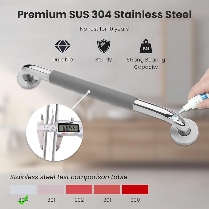 2 Pack 16 Inch Shower Grab Bars, 304 Mirror Polished Stainless Steel Safety Grab Bars, Anti-Slip Gray Rubber Grip, Wall Mounted Shower Handles for Elderly, ADA Grab Bars for Bathroom