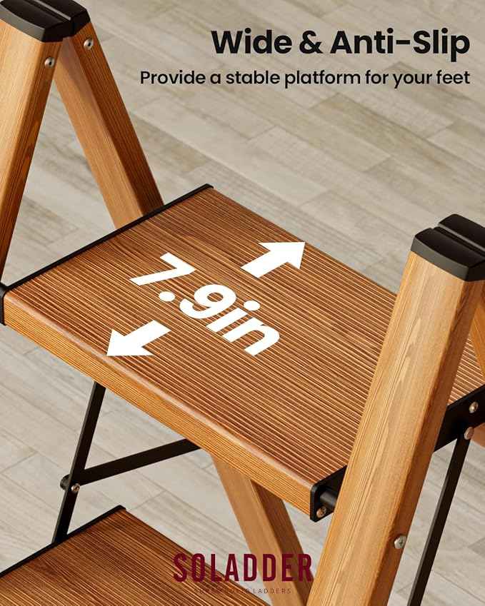 SOLADDER 3 Step Ladder, Folding Aluminum 3 Step Stool with Anti-Slip Wide Sturdy Pedal, Multi-Use for Home and Kitchen, Space Saving-Woodgrain(300 lbs Capacity)