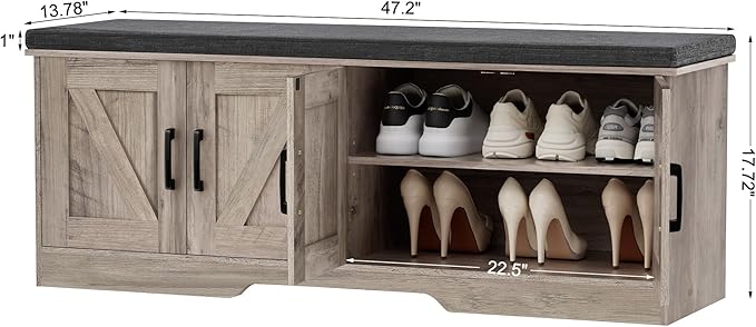 HOMSHO 2-Tier Storage Bench, 47.2" Wide Shoe Bench with Padded Seat Cushion, Entryway Bench with 4 Barn Doors and Adjustable Shelf, Greige