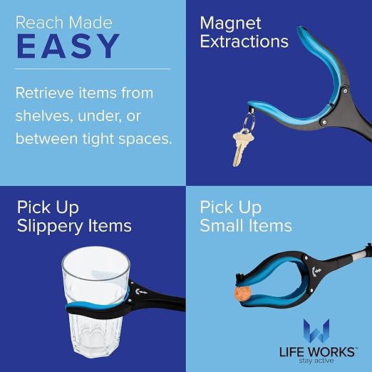 LIFE WORKS Reacher Grabber Tool, 360° Rotating Head, 4.5” Jaw Opening, Ergonomic Handle, Folds for Storage, Aids in Reaching Items High or Low, Surgery Recovery, Hip Replacement (2 Pack)