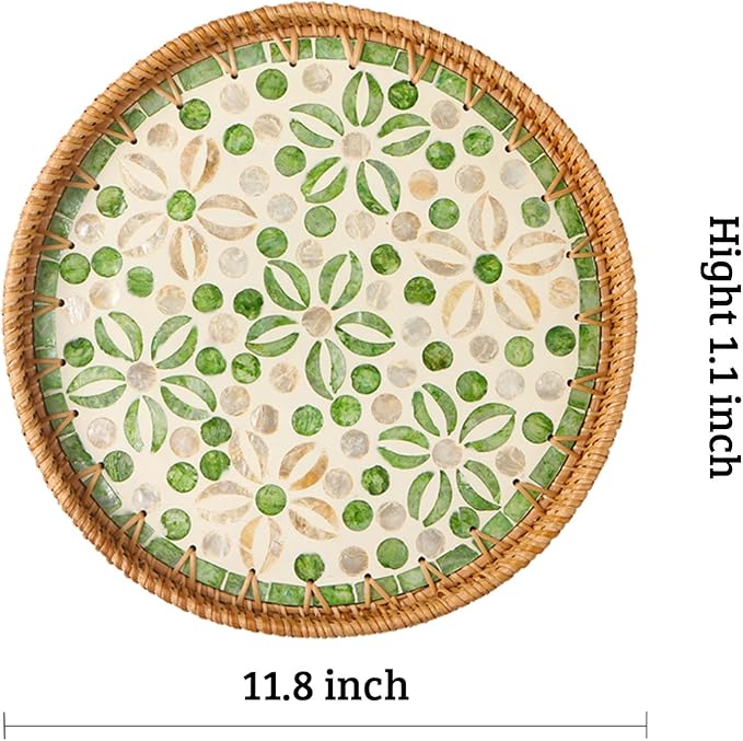 Round Rattan Tray with Mother of Pearl Inlay, Decorative Wicker Serving Tray with Wooden Base, Woven Basket Trays for Bread Fruits Coffee, Starfruit