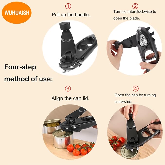 Multi-functional opener and can-opener, made of thickened ABS material and stainless steel, easy to operate, save time and effort, easy to store. (01 Black)