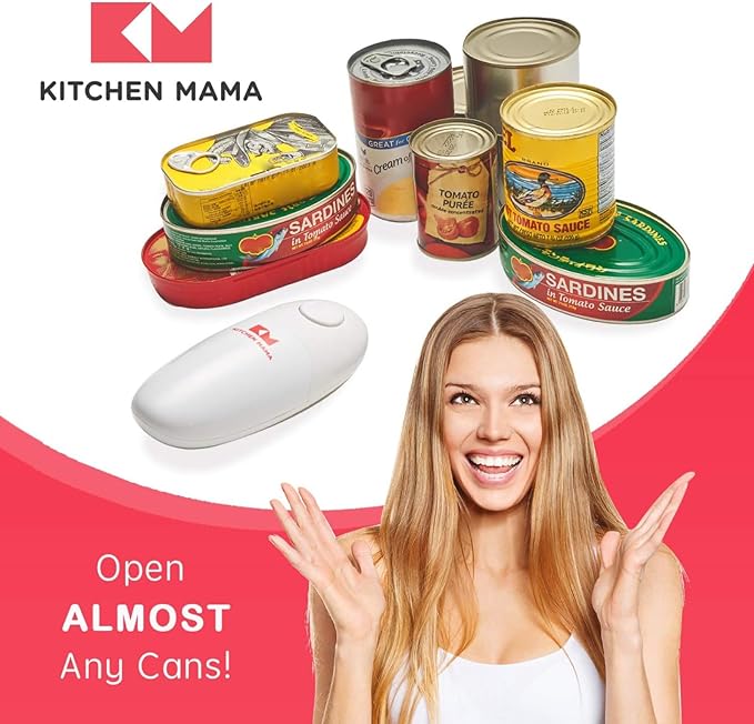 Kitchen Mama Auto Electric Can Opener: Open Your Cans with A Simple Press of Button - Automatic, Hands Free, Smooth Edge, Food-Safe, Battery Operated, YES YOU CAN (White)