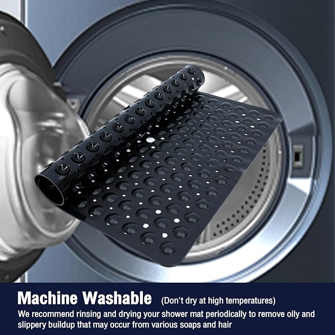 Black Square Shower Bathtub Mat Non Slip 21x21 Inch, Soft Bath Mat for Inside Shower Tub, Shower Stall Mats for Bathroom Floor, Big Suction Cups Drain Holes, Easy Washable and Dry, BPA-Free