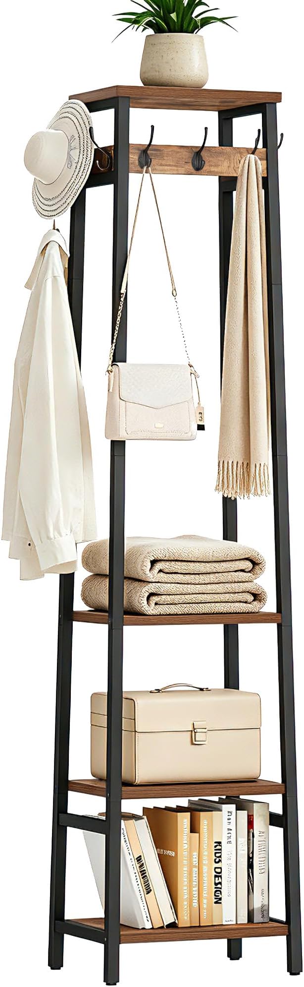 Coat Rack Freestanding, Coat Stand with 3 Shelves and 7 Hooks, Hall Tree Free Standing, Clothes Rack Stand Organizer, Industrial Style, Rustic Brown and Black