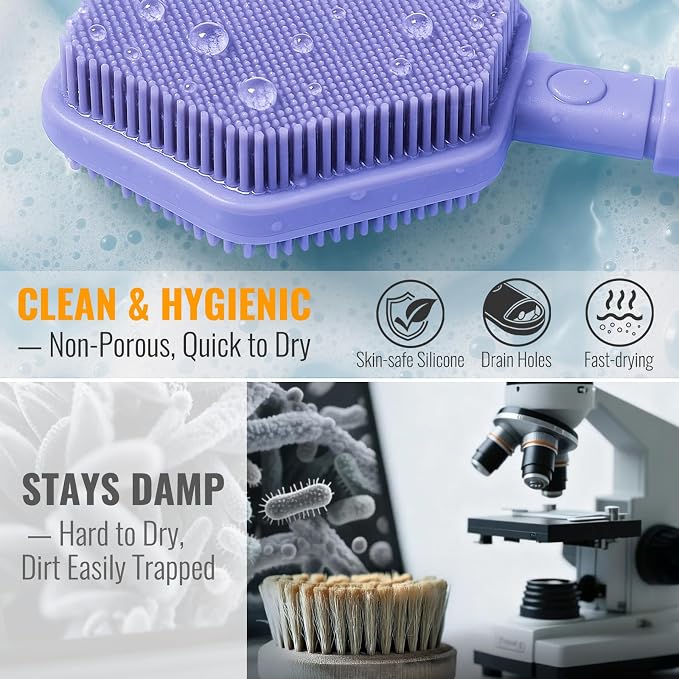AIMAIAIMAI Silicone Back Scrubber for Shower – 21in Extendable Shower Brush with Long Handle – Dual-Sided Back Brush with Non-Slip Grip, Gentle Cleansing & Exfoliation for Men, Women, Elderly (Purple)