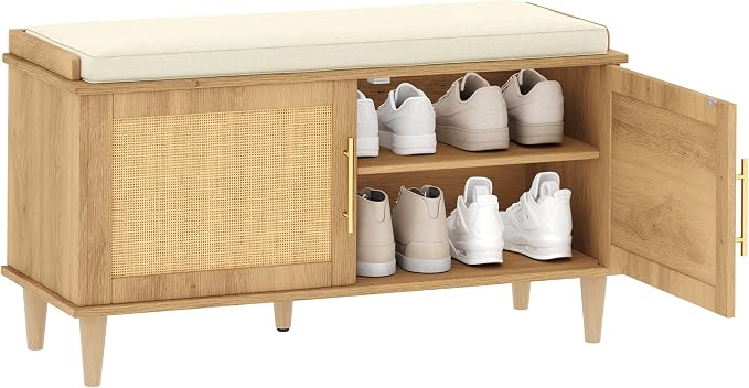 Akxomel Rattan Shoe Storage Bench with Cushion, 2-Tier Entryway Bench with Adjustable Shelves and 2 Doors, 15" D x 39.4" W x 20" H, Solid Wood Legs, for Hallway, Living Room, Bedroom, Natural Oak