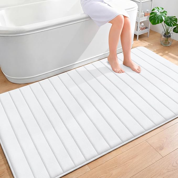 OLANLY Memory Foam Bath Mat 70x46, Super Soft Absorbent Bathroom Rugs, Quick Dry, Machine Washable Shower Floor Rugs, Bathmat Carpet, Bathroom Home Decor Accessories, White