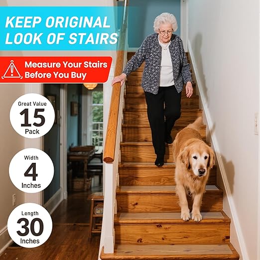 LifeGrip Stair Treads Non-Slip (15PCS), Anti Slip Transparent Stair Treads Tape for Indoor Wooden Step (4"X30"X15P-Treads)