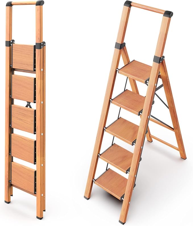 WOA WOA 5 Step Ladder, Ladders for Home, Anti-Slip Pedals, Aluminum Step Stool Foldable, Lightweight to Move, Ease of Storage, Reach 10ft for Closet Kitchen Library, Hold 300lbs - Wood Grain