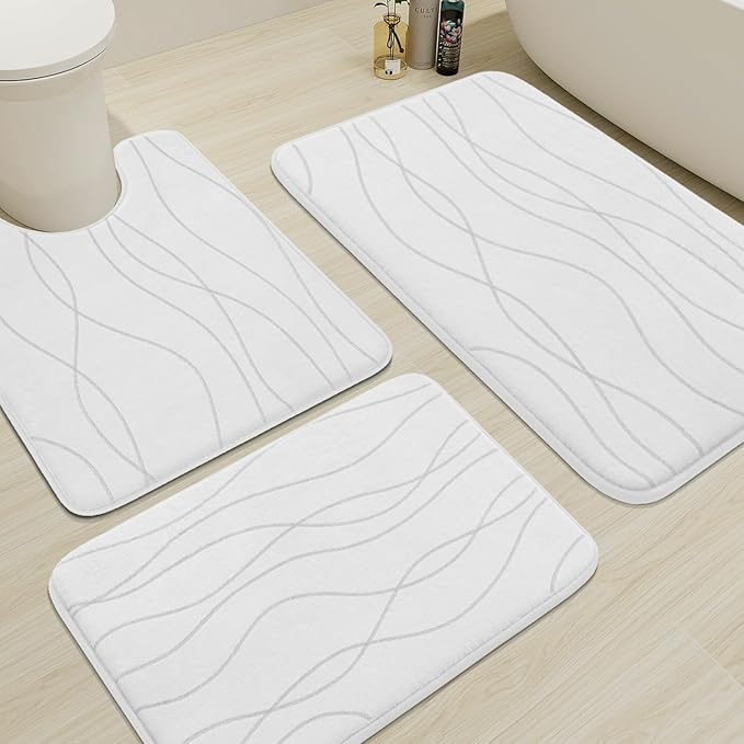 YIHOUSE Memory Foam Bathroom Rug Sets, 3 Piece, White | Ultra Soft, Absorbent, Non-Slip, Machine Washable