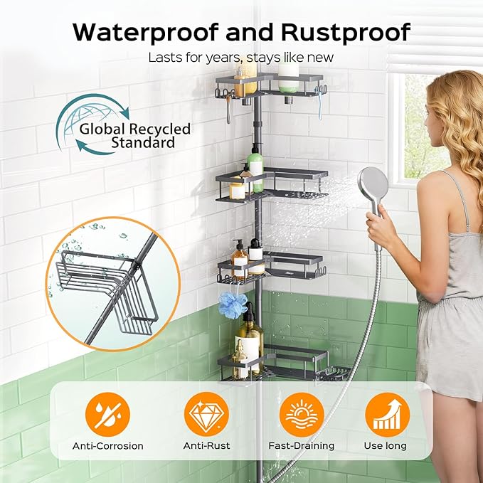 HAMITOR Corner Shower Caddy Tension Pole: 4-Tier Rustproof Bathroom Shampoo Organizer Shelf with Soap Holder - No-Drill Adjustable Standing Tension Pole Rack for Family - 47-123 Inch Gray
