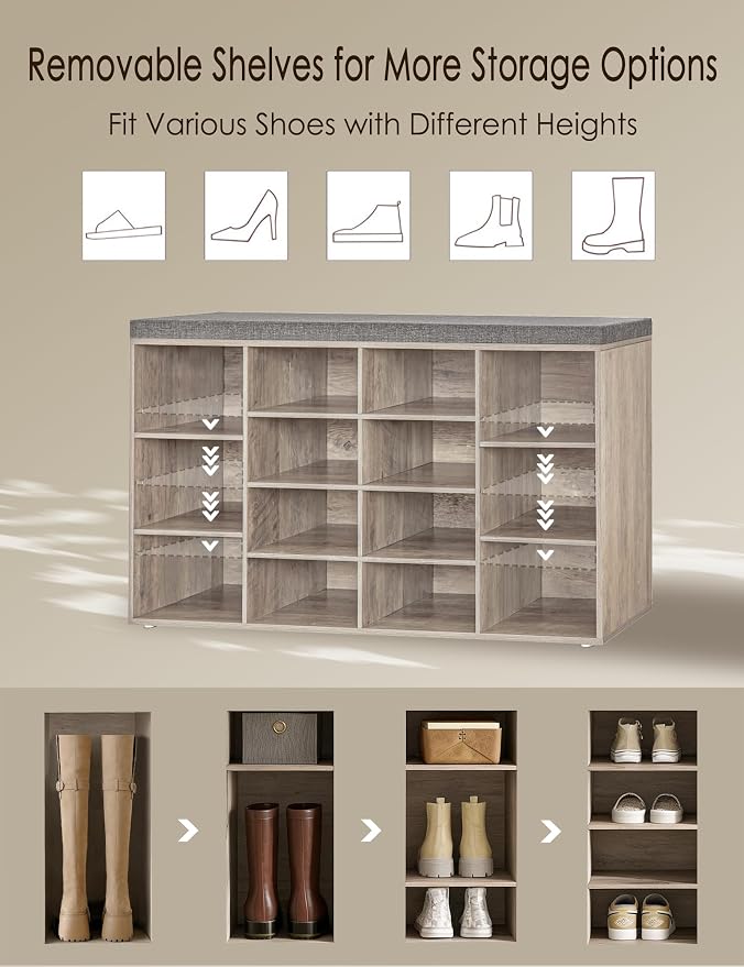 DINZI LVJ Shoe Storage Bench with Cushion, 14-Cubby Shoe Rack, Adjustable Shelves, Multifunctional Shoe Organizer Bench for Entryway, Mudroom, Hallway, Living Room, Bedroom and Garage, Greige