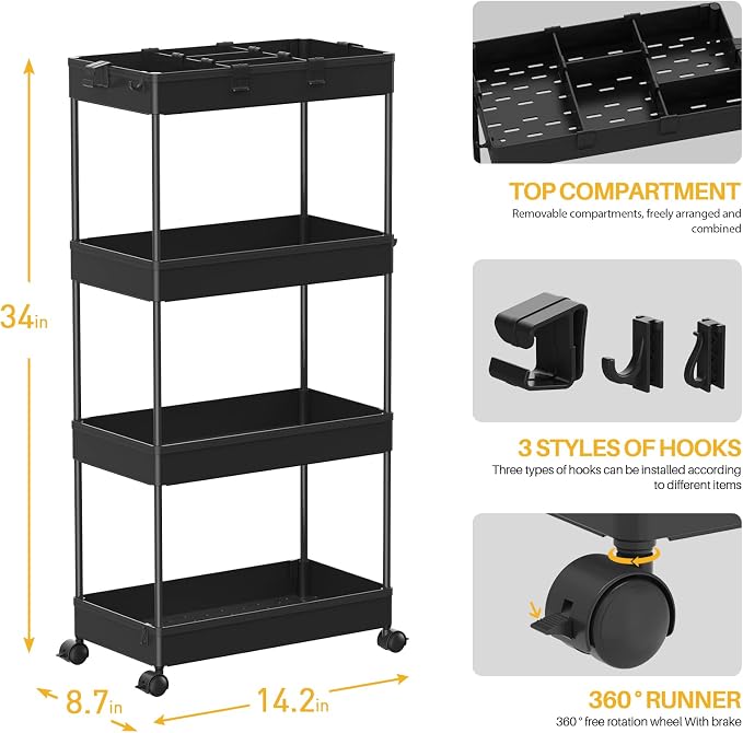 SPACELEAD 4 Tier Rolling Cart with Wheels, Storage Craft Art Trolley Organizer Serving, 3 Hanging Baskets Easy Assembly, for Office, Living Room, Kitchen