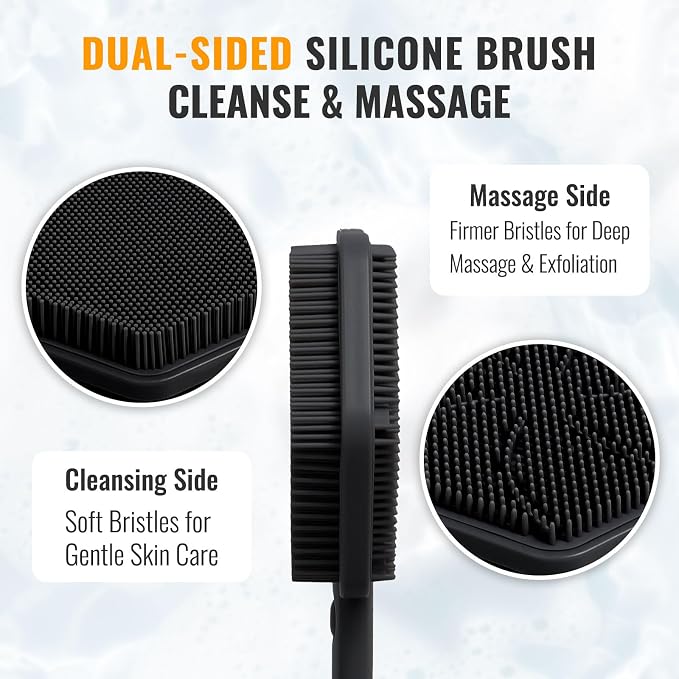 AIMAIAIMAI Silicone Back Scrubber for Shower – 21in Extendable Shower Brush with Long Handle – Dual-Sided Back Brush with Non-Slip Grip, Gentle Cleansing & Exfoliation for Men, Women, Elderly (Black)