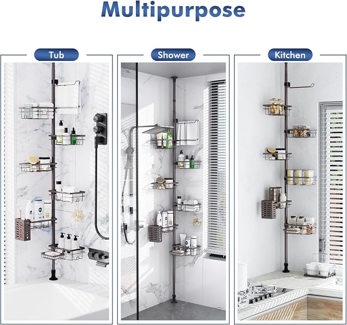 Vatex Corner Shower Caddy Tension Pole,Adjustable 30-120 Inch Bathroom Organizer Storage,Rustproof 6-Tier Shower Corner Shelves,Towel Rack, Toothbrush Holder, Soap Dish Organizers